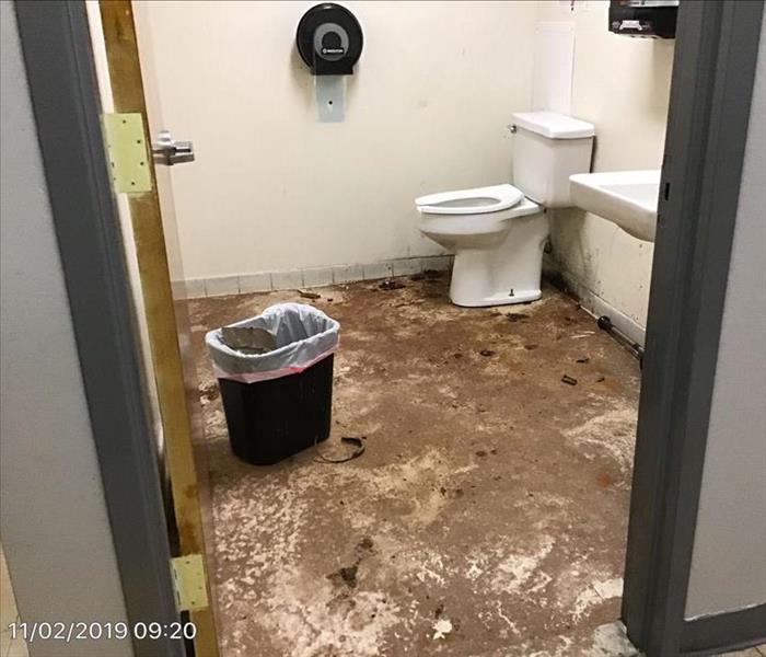 View of office restroom with sewage on the floor